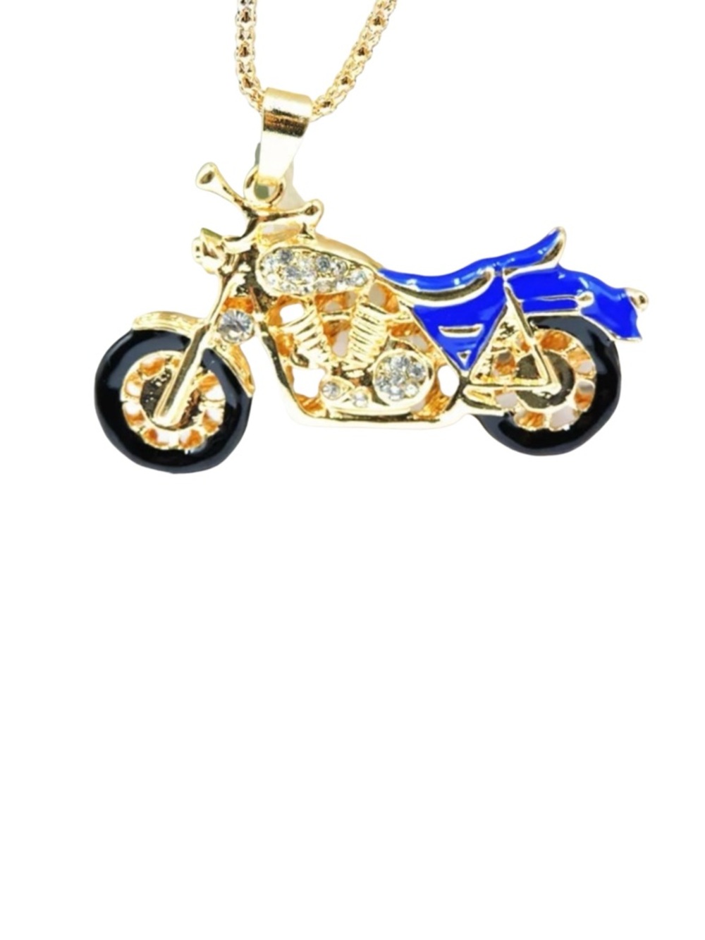 Motorcycle Blue & Gold Crystal & Enamel Necklace Brooch Pin Combo - Picture 3 of 5